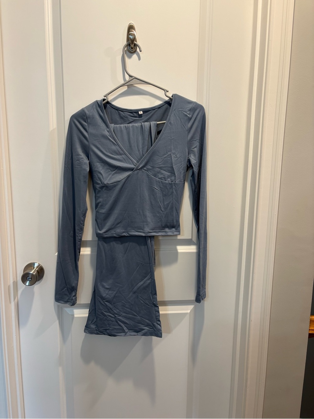 Women's Long Sleeve Wrap Crop shirt and pants in Slate Blue